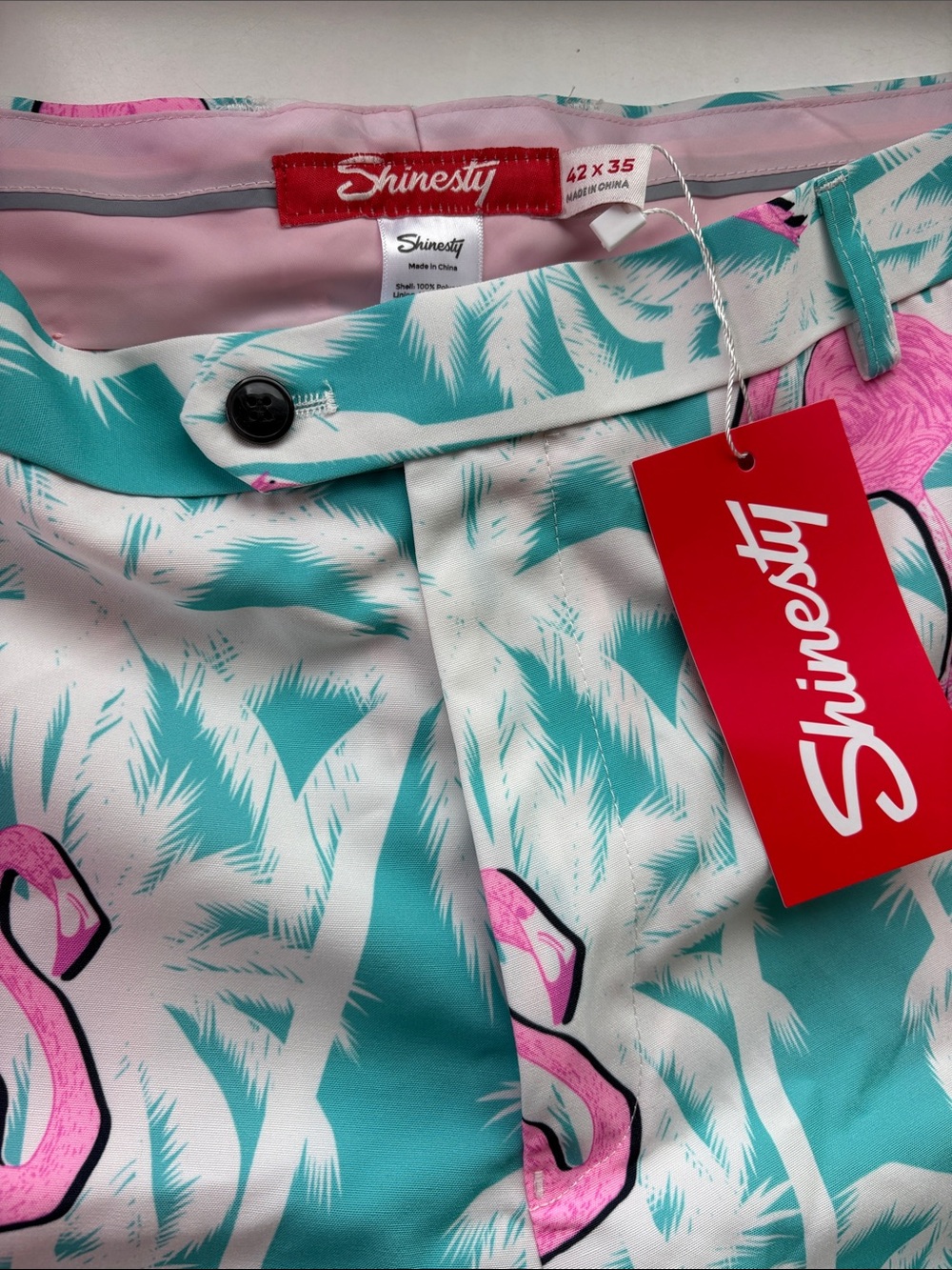 Shinesty 100% polyester  Flamingo Print Pants - Pink on Aqua Women Sz 42” 35”